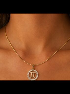 Gemini Horoscope Necklace Crystal Zodiac Sign May June Birthday 18KGP